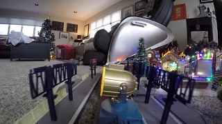 Rear View Onboard Polar Express Train Ride through the Christmas Village in O Scale