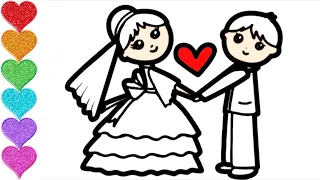 Cute Wedding Couple 👰🏻‍♀️🤵🏻Drawing Colouring & Painting Tutorial For Kids & Toddlers Step By Step