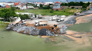 Incredible Activities Action Develop Road to Middle of Lake By SHANTUI Dozer , Truck Spreading Stone