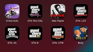 Crime Auto,Grand Theft Auto Vice City,Max Payne,Grand Theft Auto: LCS,GTA: SA,GTA III,GTA: CTW,Bully