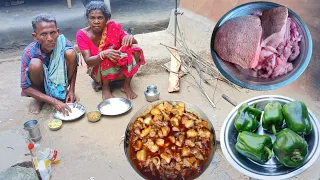 poor grandma & grandpa cooking PORK CURRY and eating with hot rice || actual village life cooking