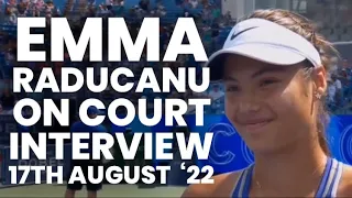 Emma Raducanu on court interview after her win against Victoria Azarenka at the Cincinnati Open