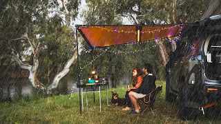 Camping in HEAVY RAIN and THUNDER STORMS, [ Relaxing Under Awning Shelter, Comfort Food, ASMR]
