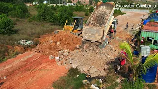 Part 1 Amazing Bulldozer Working Pushing Stone Widening Old Road And Dump Truck Unloading Stone