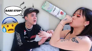 CHUGGING A ENTIRE BOTTLE TO SEE HOW MY BOYFRIEND REACTS! HE WAS SCARED!*