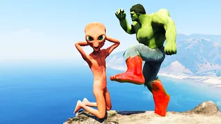 GTA 5 Epic Ragdolls Green Hulk & Red Hulk vs Team Alien Colors Jump/Fails #180 (Euphoria Physics)