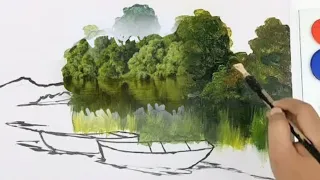 River and boats acrylic paint for beginners / Acrylic landscapes for beginners