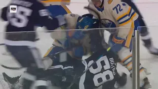 Auston Matthews got hit by Cozens, Bunting retaliates, ensuing a scrum between the Leafs and Sabres