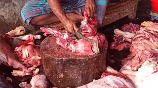 Amazing Skillful Old Butcher Processing Meat & Showing His Knife Skills In A Meat Market.