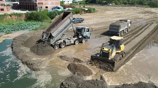 Incredible Bulldozer Pushing Clearing Sand For Land Filling up And Dump Truck 12wheel Unloading Sand