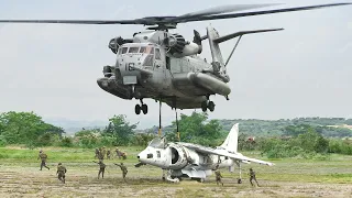 US Largest Helicopter Sling Loads Broken Harrier Aircraft