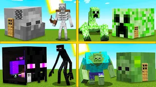 MUTANT MOBS MOVED INTO HEAD HOUSES IN MINECRAFT ZOMBIE CREEPER ENDERMAN SKELETON BATTLE HOW TO PLAY