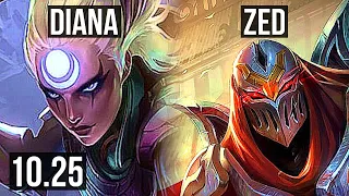 DIANA vs ZED (MID) | 3.3M mastery, 8 solo kills, Legendary, 24/3/6, 400+ games | KR Diamond | v10.25