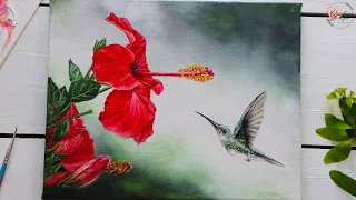 How to Paint Realistic Hibiscus Flower🌺 and Humming Bird🌈 Acrylic Painting Tutorial