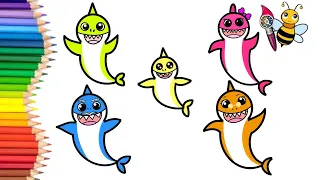 Baby Shark Family Drawing, Painting and Coloring for Kids and Toddlers | How to Draw Shark Family