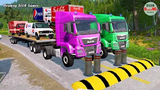 Double Flatbed Trailer Truck vs speed bumps|Busses vs speed bumps|Beamng Drive|211