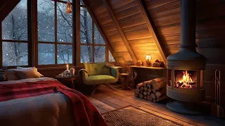 Deep Sleep with Piano Music and Fireplace Sounds  Cozy Winter Ambience, Snow Storm and Wind Sound