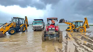 2 JCB 3dx Backhoe Washing Together in Dam with Tata 2518 Truck and Mahindra Arjun 605