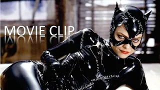 Batman Returns (1992) scene, Michelle Pfeiffer as Catwoman, first meeting with Batman and Penguin