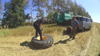 Ремонт в поле колеса Дон-1500Б, поломка стартера МАЗа. Переезд на поле в 230 гектар.