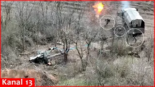 Drone fired continuously at Russian ammunition truck - the invaders fell down and ran into trench