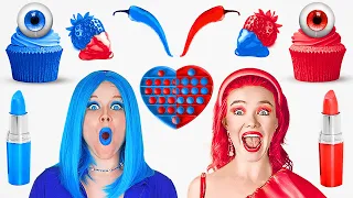 RED vs. BLUE COLOR CHALLENGE || Buying Only 1 Color for 24 HRS! Hot vs. Cold Battle by 123 GO! Food