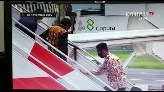 Iriana, wife of Indonesian president Joko Widodo, slips as they arrived for the G20 Summit in Bali