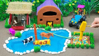 DIY making Farm Diorama with mini house animals | mini water supply shower the cows in the lake #28