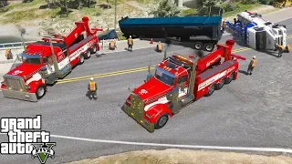 GTA 5 Real Life Mod #167 Two Heavy Duty Wreckers Lifting A Semi Truck That Fell Off Of A Bridge