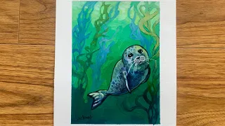 Harbor Seal and Kelp - Acrylic on Paper