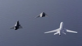 Neuron UCAV flying in formation with Rafale, Falcon 7X