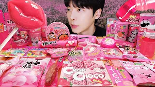 ASMR MUKBANG | PINK FOOD HONEY JELLY CANDY Desserts (Noodles Jelly, chocolate) Convenience store