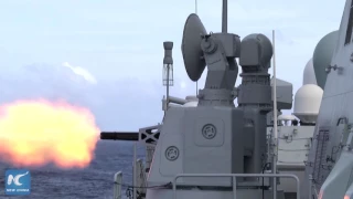 Chinese missile frigate Yuncheng conducting drills at sea (earlier footage)