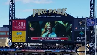 Jackie Evancho singing the national anthem at the Pirates vs Cardinals game