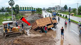 WOW!! Amazing Technique Skills Dump Truck fail Sinking Recovery By Crane& Mini Bulldozer