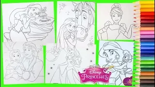 Coloring Disney Princess Cinderella, Jasmine, Belle, Rapunzel  - Coloring for kids