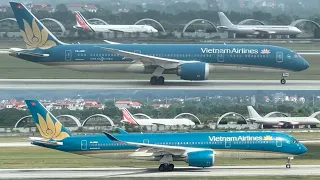 [4K] B787 và A350 lăn bánh và cất cánh ở sân bay Nội Bài