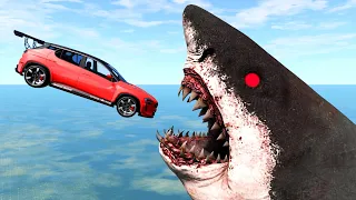 Beamng Drive - Cars Jumping into Mouth of Scary Sharks | Random Vehicles Total Destruction