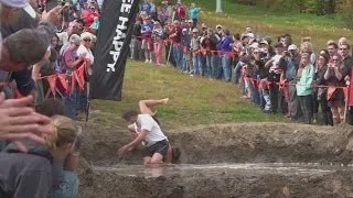 Husbands dropping wives at the North American Wife Carrying Competition