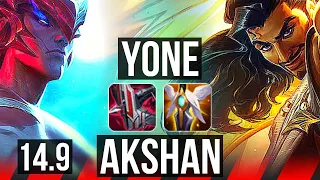 YONE vs AKSHAN (TOP) | 8 solo kills, 67% winrate, Legendary, 23/5/7, 41k DMG | EUW Master | 14.9