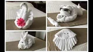 4 Ideas of Towel Folding Origami- a Rabbit, a Dog, a Jellyfish, and a Bird (Pliage de serviette).