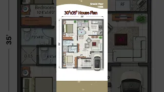 30'× 35' House Plan, 2BHK, 30 by 35 Home Plan, 30*35 House Design with Car Parking, #indianstyle