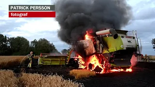 Kraftig brand i skördetröska på Lockarps kyrkoväg