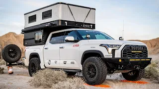 First camping trip in my 2022 SEMA Tundra Four Wheel Camper with walk around.