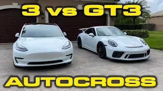 Porsche 991.2 GT3 Smokes Tesla Model 3 Performance in Autocross?