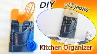 DIY Kitchen Organizer From Old Jeans - How To Convert Denim And Cutting Board Into Home Decor Idea