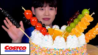 ASMR 코스트코 대왕케이크 위에 블랙포도 샤인머스켓 체리 블루베리 탕후루 먹방! Costco Birthday Cake With Sugar-Coated Fruit MuKBang~!