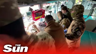 Bus-turned-ambulance evacuates wounded Ukrainian soldiers