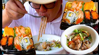 Flat noodle pork soup breakfast & delicious Sushi dinner, Cambodian street food