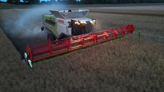 CLAAS LEXION 8700TT am Raps dreschen / Abfahrer FENDT 936 mit HAWE Überladewagen / Dämmerung / 4K